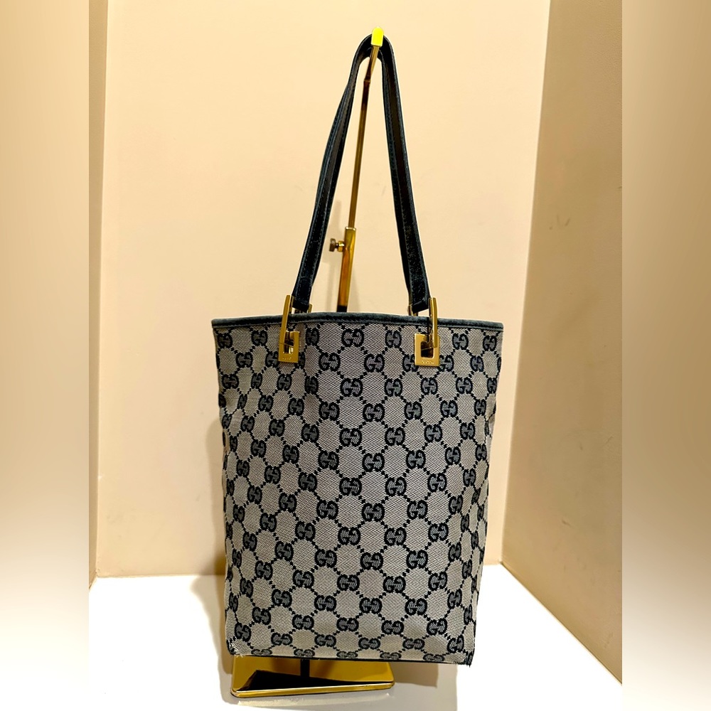 Gucci Gray and Black GG Canvas Vertical Tote with Gold Hardware